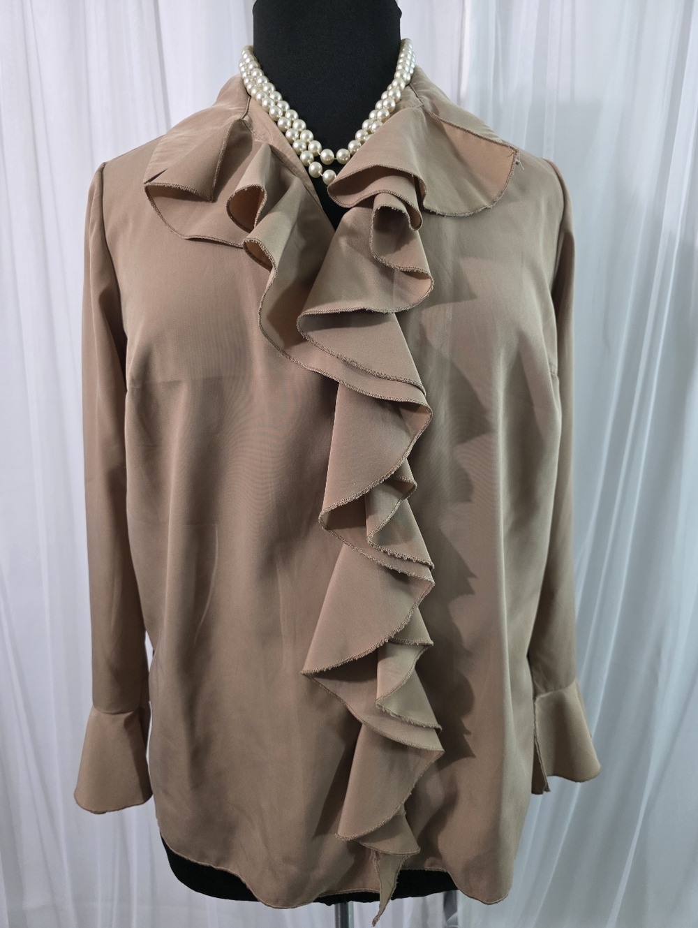 Roaman's Taupe Ruffle Front Long Sleeve Blouse, Size 14W